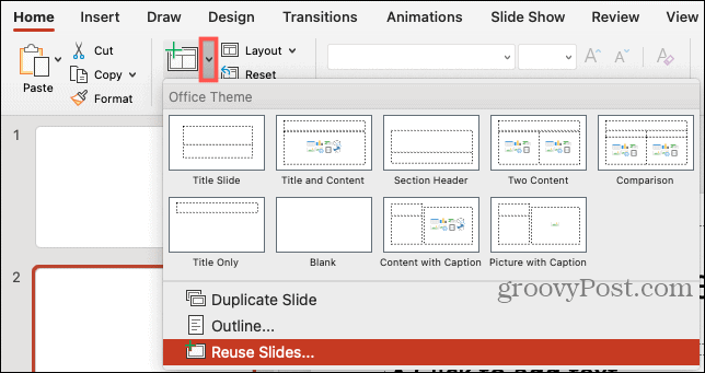 Nuova diapositiva, riutilizza diapositive in PowerPoint su Mac