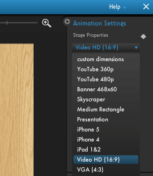 Fare clic sul menu Impostazioni animazione Moovly per visualizzare le opzioni di ottimizzazione della piattaforma video.