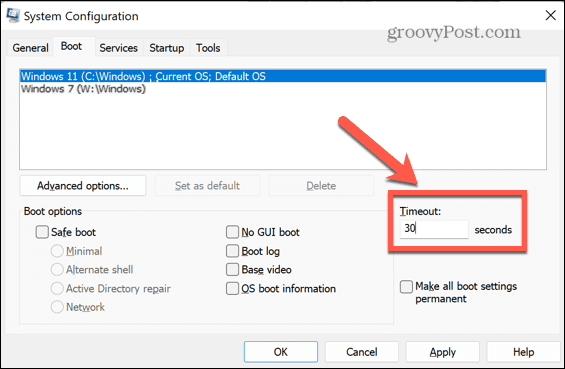 timeout di avvio msconfig di windows