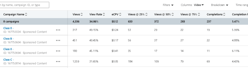 gestore della campagna linkedin con dati di campagna di esempio che mostrano tra cui visualizzazioni, percentuale di visualizzazione, eCPV e visualizzazioni al 25%, 50%, 75%, completamenti, ecc.