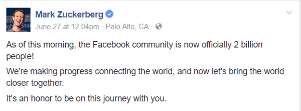 Facebook ha superato un importante traguardo di 2 miliardi di utenti attivi mensili.