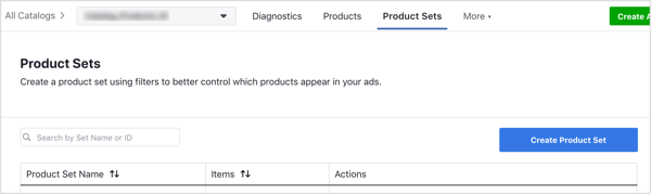 Nella scheda Set di prodotti, fare clic sul pulsante Crea set di prodotti.