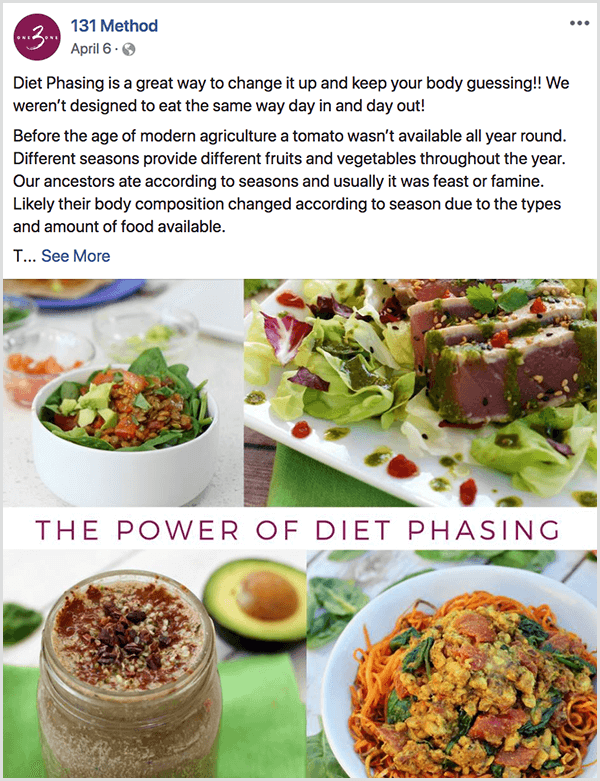 La pagina Facebook del Metodo 131 pubblica sulla progressione della dieta.