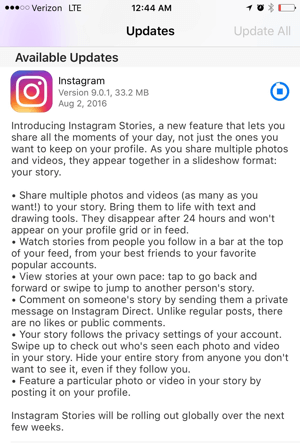 aggiornamento delle storie delle app di Instagram