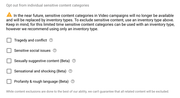 Come impostare una campagna di annunci YouTube, passaggio 14, impostare i contenuti esclusi