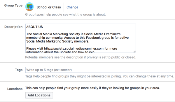 Fornisci ulteriori dettagli sul tuo gruppo Facebook per renderlo più facile per le persone scoprirlo.