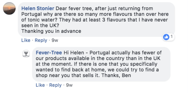 Esempio di Fever-Tree che risponde alla domanda di un cliente su un post di Facebook.