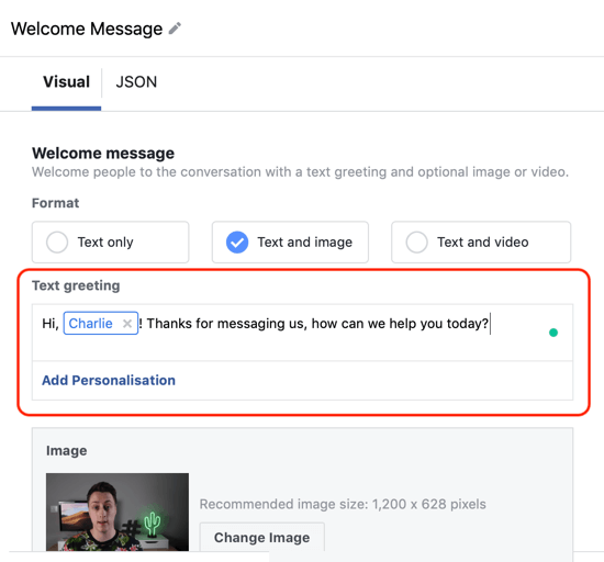 Come indirizzare lead caldi con annunci di Facebook Messenger, passaggio 12, esempio di personalizzazione del modello personalizzato di destinazione di messenger