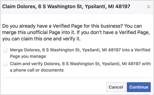 Seleziona l'opzione per unire una pagina di luogo non ufficiale con una pagina Facebook verificata che gestisci.