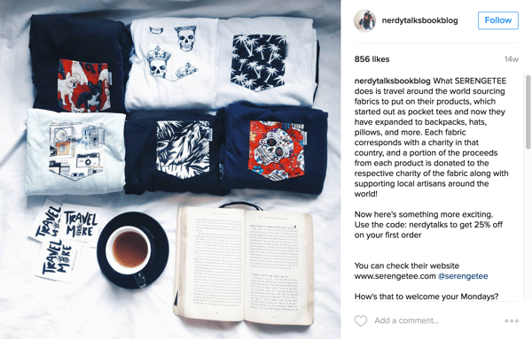 Nerdy Talks Book Blog presenta i prodotti Serengetee e informa i follower sulla causa su Instagram.