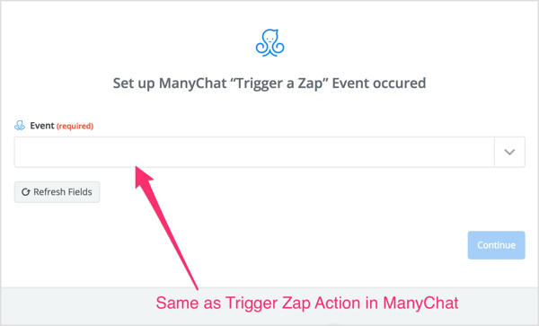 Seleziona l'azione Trigger Zap che hai creato nel flusso ManyChat.