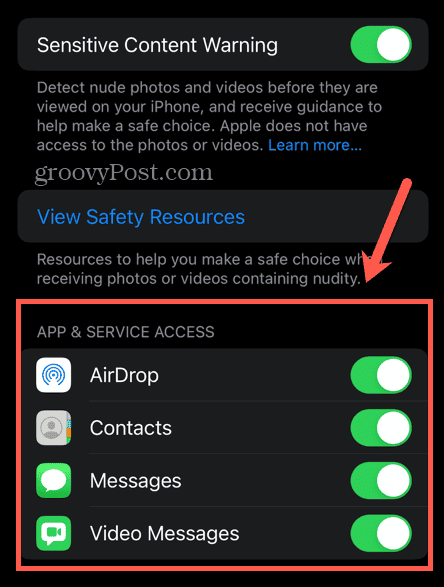 opzioni di avviso sui contenuti sensibili di iOS