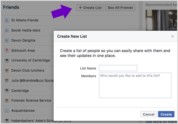 Inserisci un nome per il tuo elenco di amici di Facebook e seleziona quali amici aggiungere.