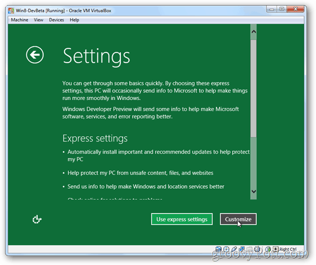 VirtualBox Windows 8 esprime o personalizza l'installazione