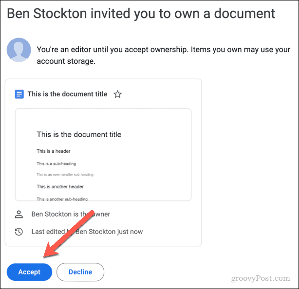 Invito tramite email ad accettare o rifiutare la proprietà di un file di Google Documenti