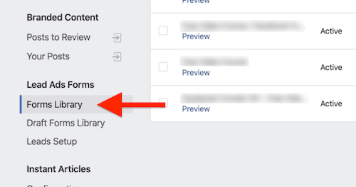 Opzione Libreria moduli negli strumenti di pubblicazione di Facebook