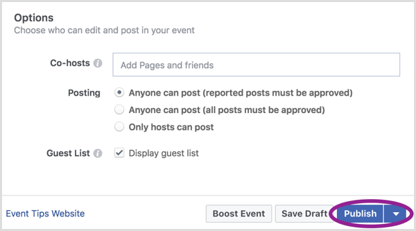 Quando hai finito di creare il tuo evento Facebook, fai clic su Pubblica.