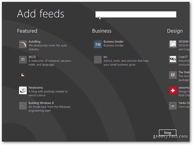 Aggiungi feed di notizie di Windows 8