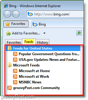 l'elenco dei feed comuni situato nella barra dei preferiti di Internet Explorer