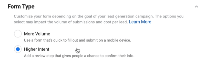 Gli annunci lead di Facebook creano una nuova opzione di modulo per i lead per selezionare il tipo di modulo con un intento più elevato selezionato