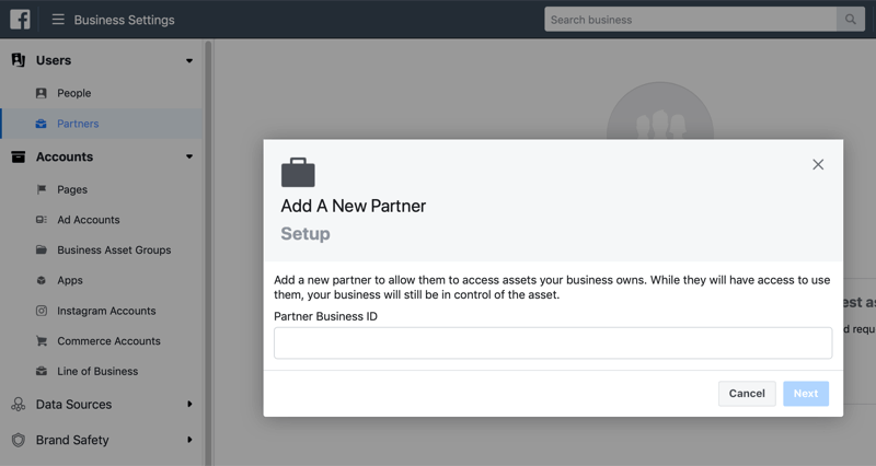 aggiungi un nuovo partner in Facebook Business Manager