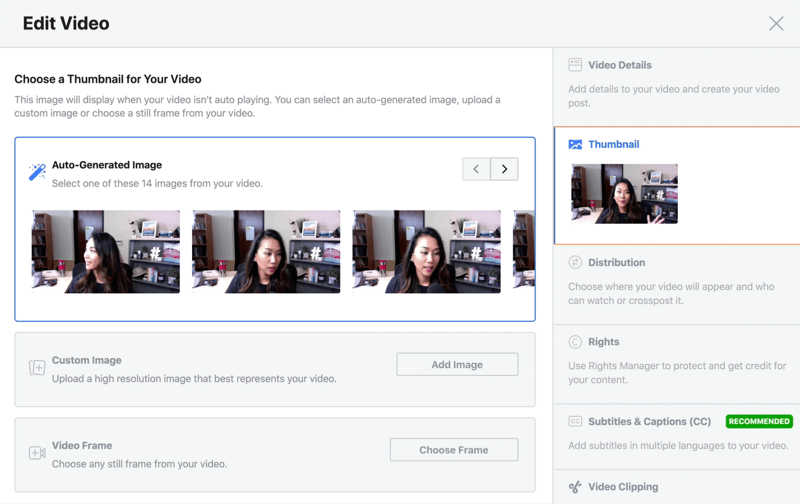 opzione di modifica video in streaming live di Facebook scegliendo un'immagine in miniatura generata automaticamente