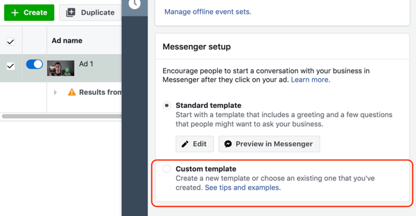 Come indirizzare lead caldi con gli annunci di Facebook Messenger, passaggio 10, opzione modello personalizzato di destinazione messenger