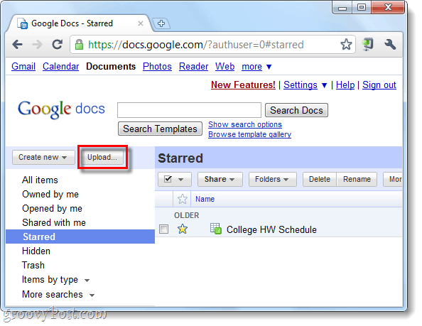 accedi e fai clic sul pulsante di caricamento di Google Documenti