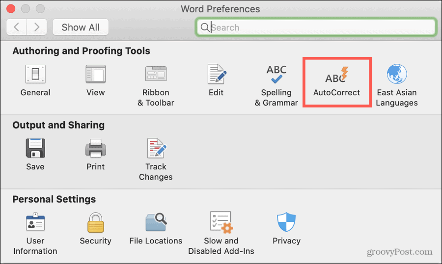Correzione automatica delle preferenze di Word su Mac