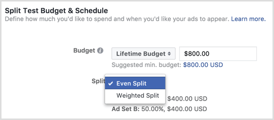 Budget per il test di divisione dell'annuncio di Facebook