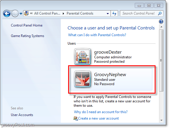 scegli un utente per cui regolare le proprietà del controllo genitori in Windows 7