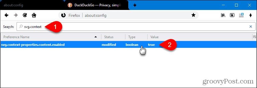 Fare doppio clic sulla preferenza svg.context