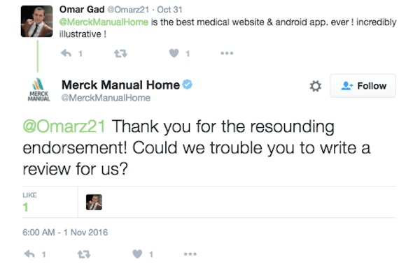 Merck Manual Home incoraggia un cliente a lasciare una recensione per la sua app.