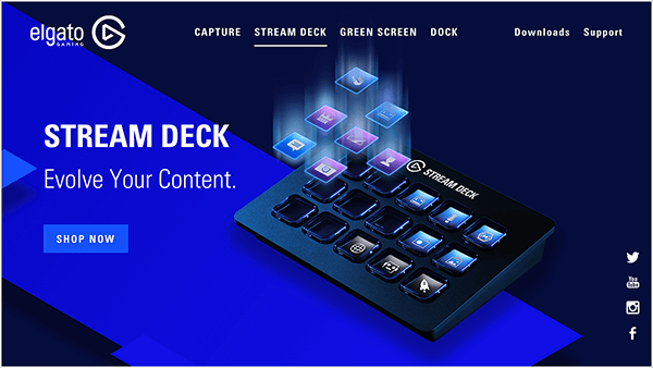 Dusty Porter utilizza un Elgato Stream Deck per passare da una schermata all'altra durante il suo live streaming. Il sito Web di Elgato Stream Deck ha uno sfondo blu brillante e lo Stream Deck viene visualizzato a destra. Ha 15 pulsanti e piccole icone illustrano la personalizzazione dei pulsanti con una piccola immagine che ti aiuta a ricordare cosa hai programmato per fare il pulsante.