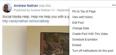Per ottenere il codice di incorporamento in un post video di Facebook Live, fai clic sul menu a tre punti e seleziona Incorpora.
