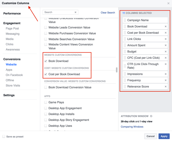 Seleziona le colonne che desideri aggiungere alla tabella dei risultati degli annunci di Facebook.