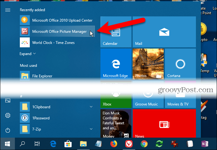 Microsoft Office Picture Manager in Aggiunti di recente nel menu Start di Windows 10