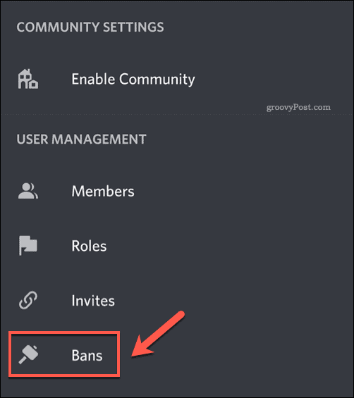 L'opzione di menu Ban nel menu delle impostazioni dell'app Discord