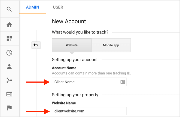 Inserisci le informazioni per creare un nuovo account cliente dal tuo account Google Analytics.