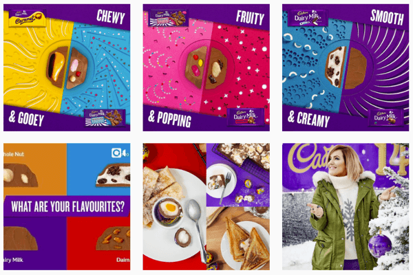 Il feed Instagram di Cadbury's si concentra sul loro iconico colore viola.