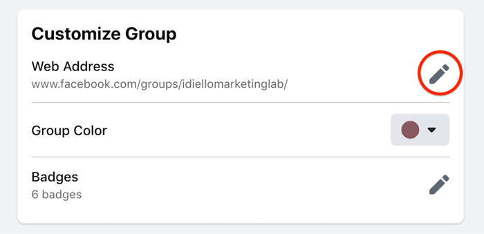 Facebook personalizza l'opzione delle impostazioni del gruppo evidenziata per modificare l'indirizzo web