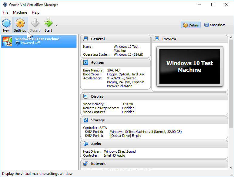 09 Apertura delle impostazioni di VirtualBox (installazione di Windows 10)