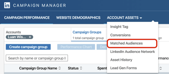 seleziona Pubblico corrispondente dal menu a discesa Risorse account in LinkedIn Campaign Manager