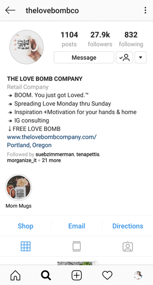 Esempio di biografia del profilo aziendale di Instagram con offerta di @thelovebombco.