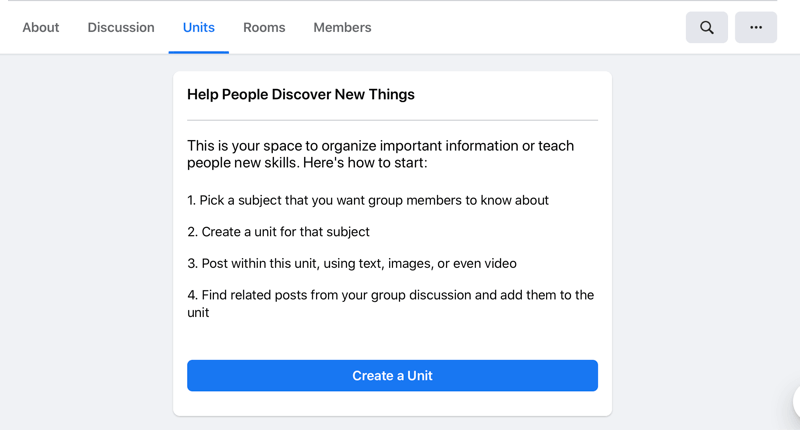 opzione per creare un'unità sulle unità di Facebook crea una scheda unità