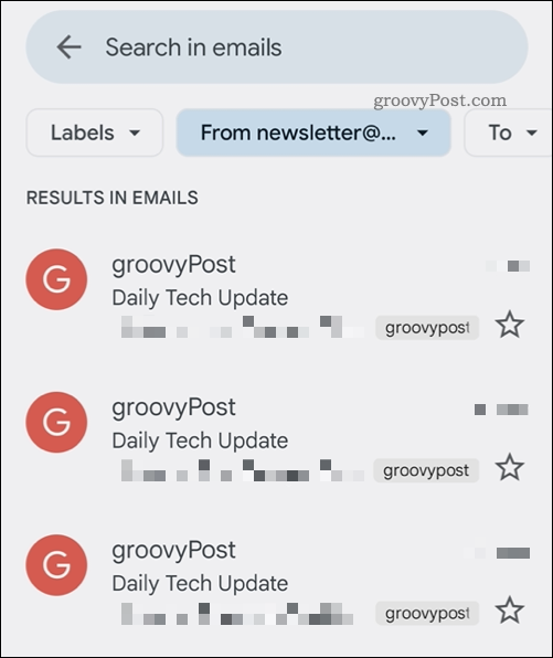 Risultati di ricerca dell'app Gmail
