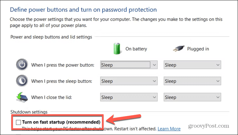 Windows attiva l'avvio rapido