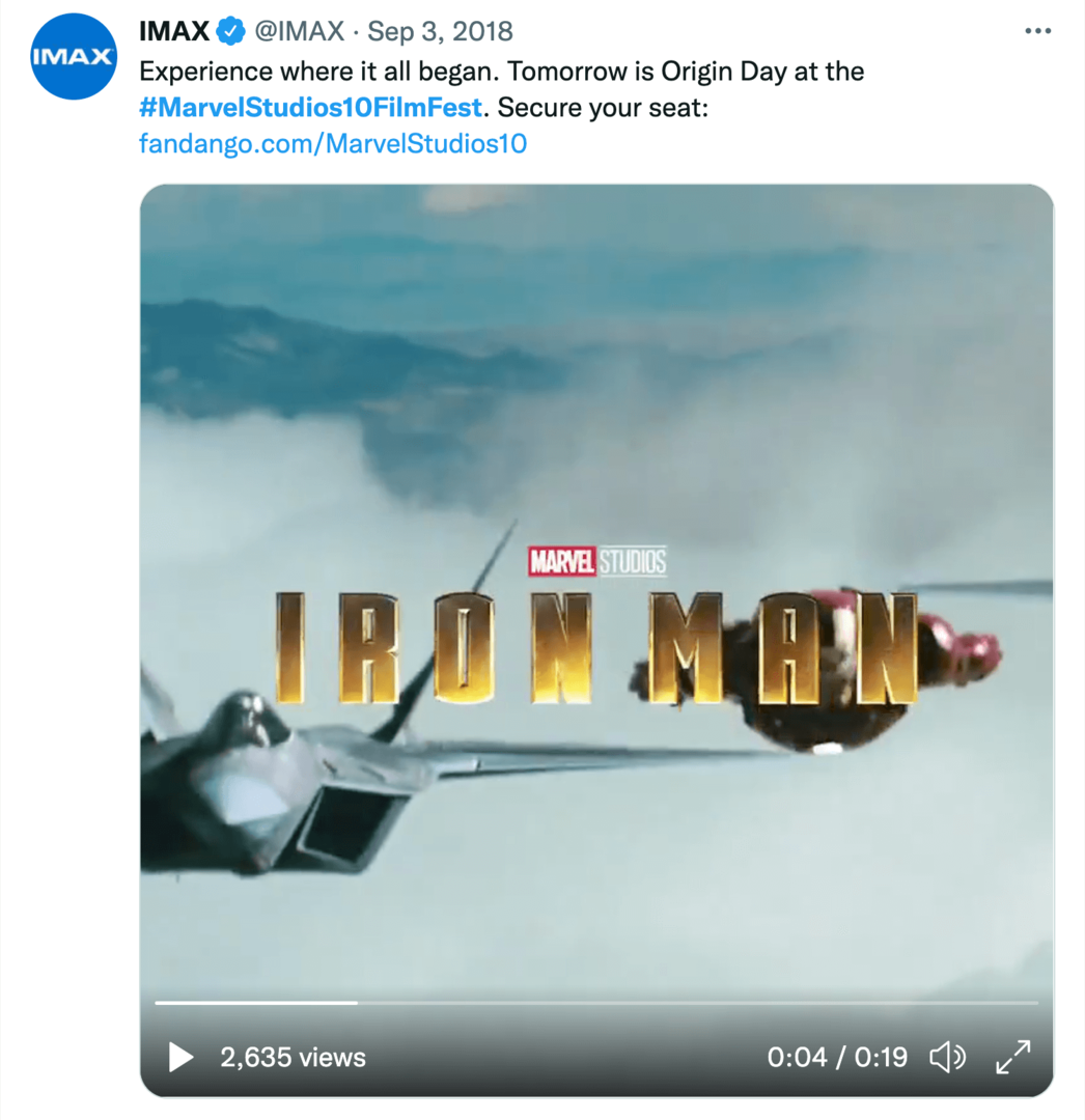 immagine del tweet IMAX sul festival cinematografico di 10 anni dei Marvel Studios