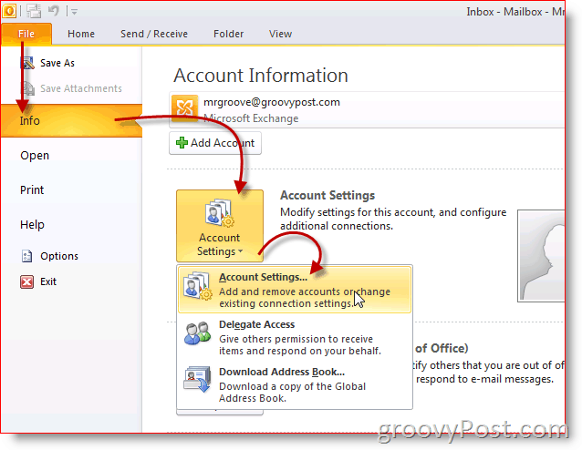 Impostazioni dell'account della schermata di Outlook 2010