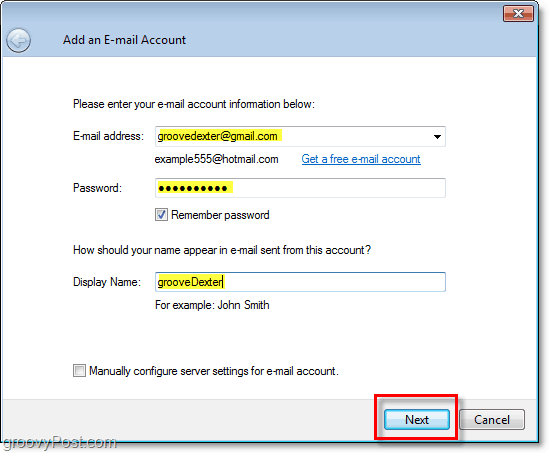 inserisci le credenziali per l'account e-mail in Windows Live Mail